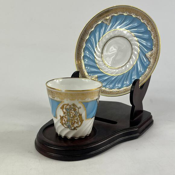 Antique French Demitasse Cup & Saucer Mansard Paris Blue Gold Monogram Porcelain - Picture 2 of 13